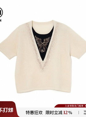 TCH【100%绵羊毛】时尚黑白拼接假两件针织短袖T恤女T78A09E1095