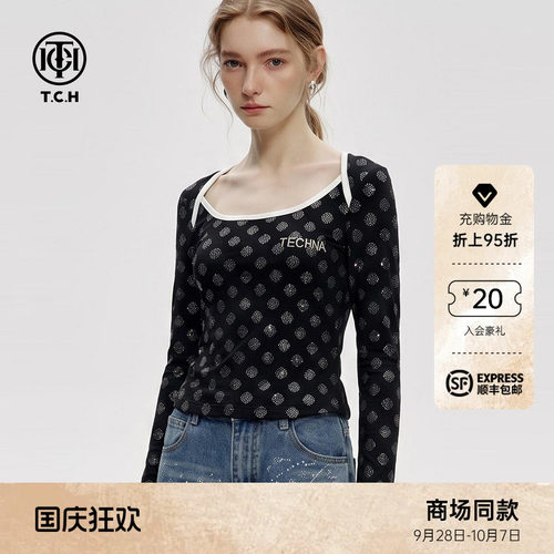 黑白撞色方领修身显瘦长袖T恤女