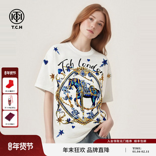 TCH重工骏马烫钻2026春夏款潮流百搭卡通宽松短袖T恤女T78B106017