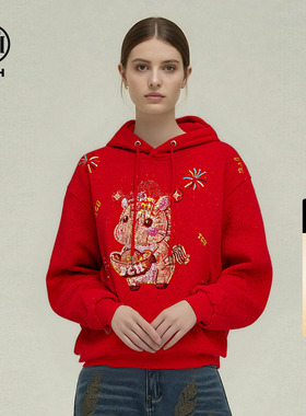 TCH【新年穿搭】时尚烫钻福马纯棉宽松红色连帽卫衣女T78A12E1005