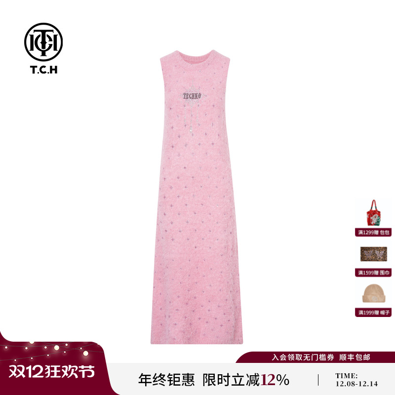 TCH私服2025冬季新款烫钻时尚宽松淑女无袖连衣裙女T75D30E1011