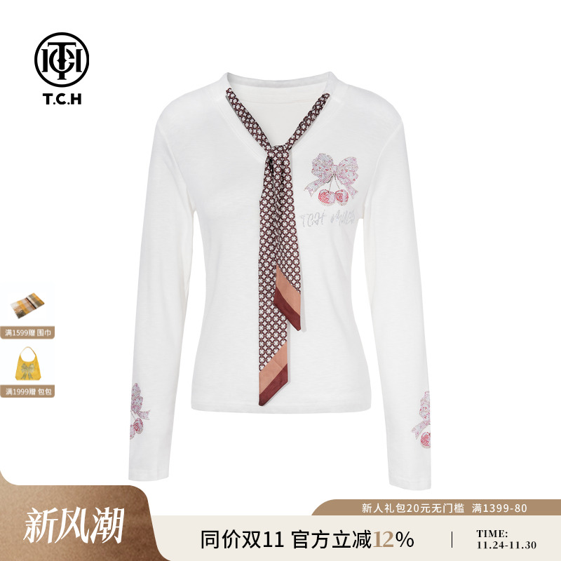 TCH私服烫钻时尚百搭修身显瘦长袖T恤女2025秋季新款T75C08E5001