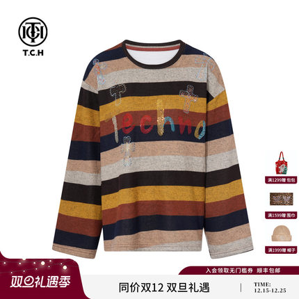 TCH2025秋冬新款时尚烫钻彩色条纹宽松休闲套头卫衣女T75D11E1010