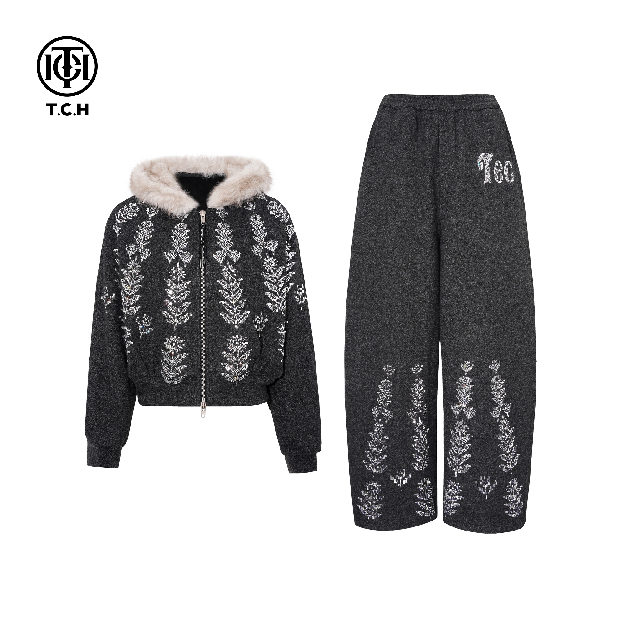 TCH时尚潮牌花卉烫钻连帽拉链外套休闲裤加绒套装女T75D07E1078