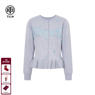 TCH25秋冬时尚 外套女T75D43E1062 烫钻蓝色休闲荷叶边绵羊毛针织衫