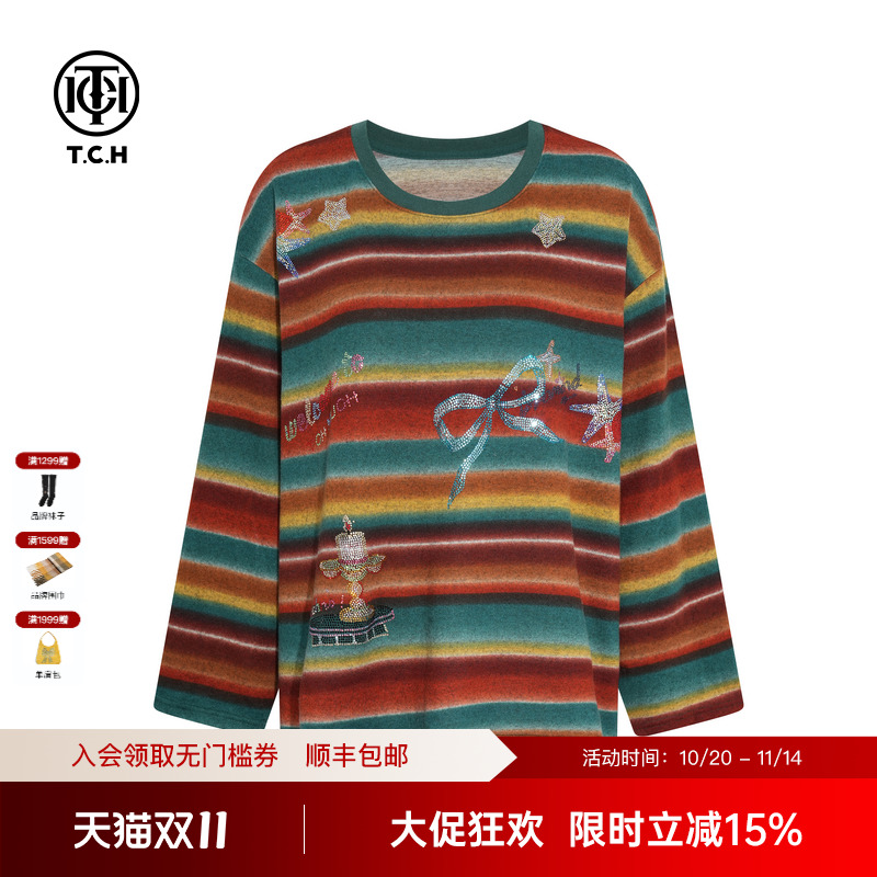 TCH私服烫钻25秋冬新款复古休闲百搭显瘦条纹针织衫女T75C09E1157