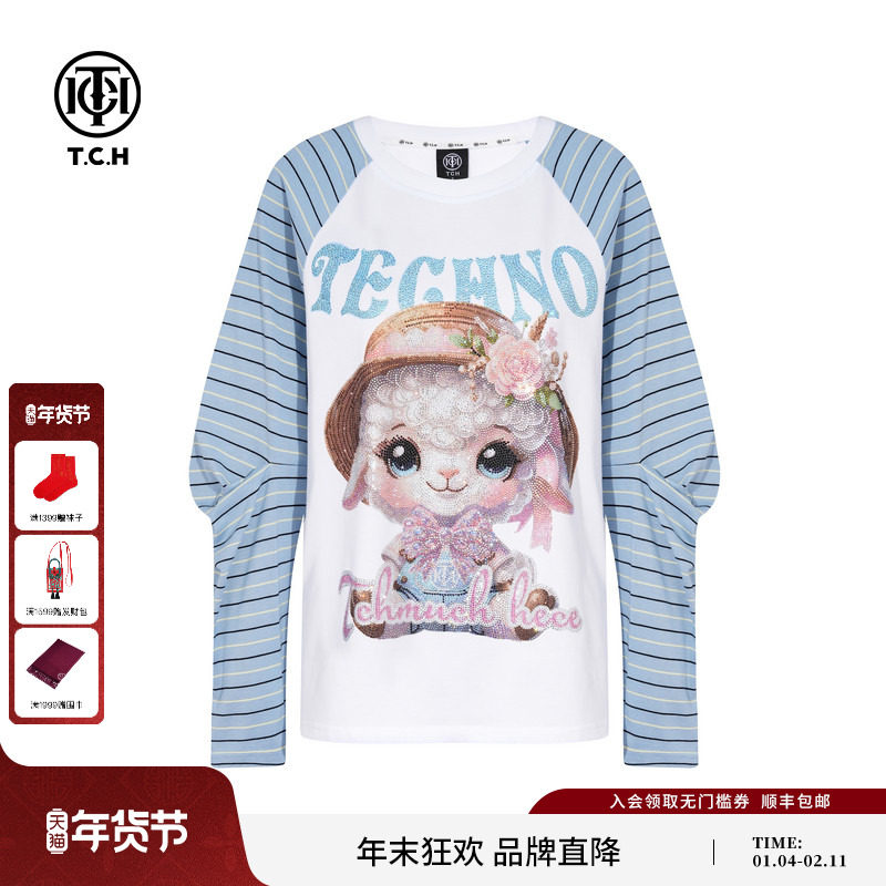 TCH轻奢烫钻时尚百搭小羊拼接长袖T恤男女同款25秋冬T75C08E9015,女装/女士精品,T恤,淘宝优惠券,粉丝福利购,淘宝优惠卷