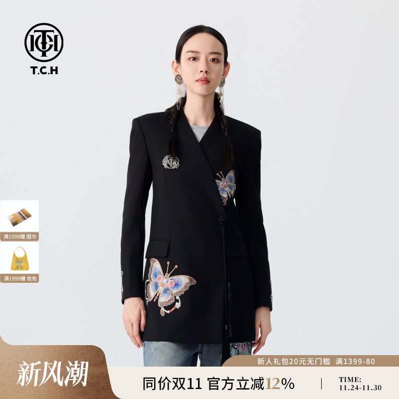 TCH潮牌蝴蝶烫钻新中式复古气质时尚修身西装外套2024秋冬新款