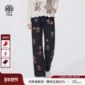 TCH26春夏款 潮牌甜酷小熊烫钻深蓝色宽松阔腿牛仔裤 女T78A20E1133