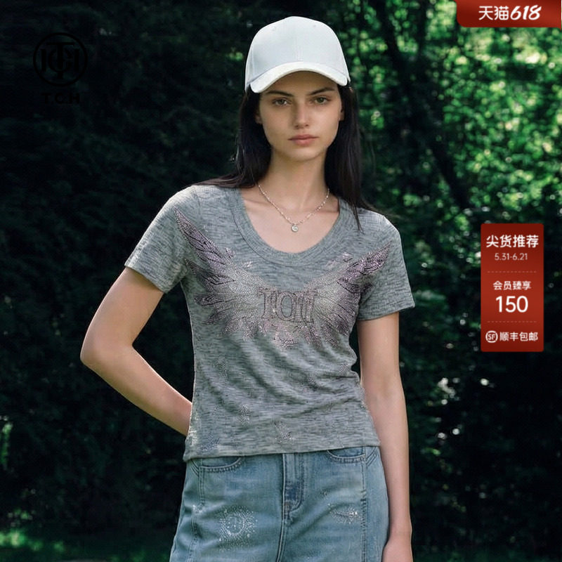TCH时尚烫钻翅膀圆领针织T恤女2026夏季新款灰色修身显瘦短袖上衣