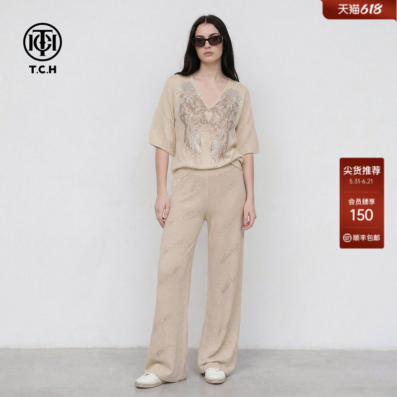 TCH温柔风烫钻翅膀短袖上衣女显瘦百搭阔腿裤针织套装T78A07E1173