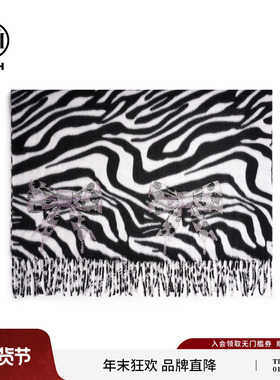 TCH轻奢黑白纹烫钻秋冬保暖百搭蝴蝶结流苏披肩围巾女T75D45E5005