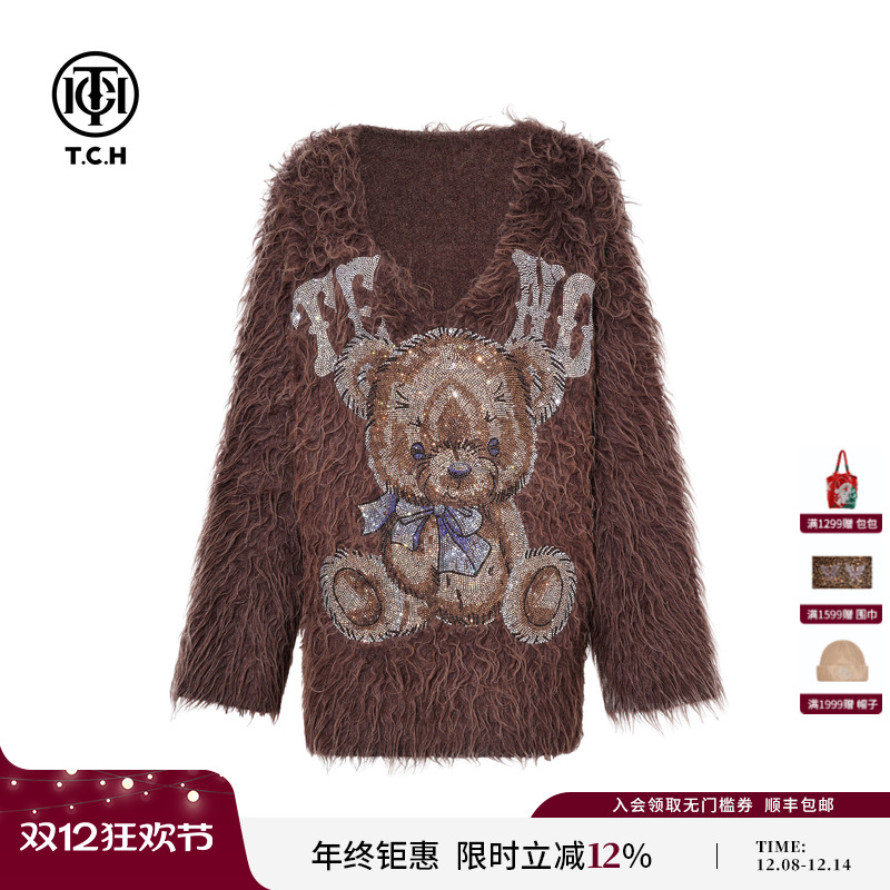 TCH私服2025冬季新款时尚烫钻宽松咖色Vl领针织衫女T75D09E1119