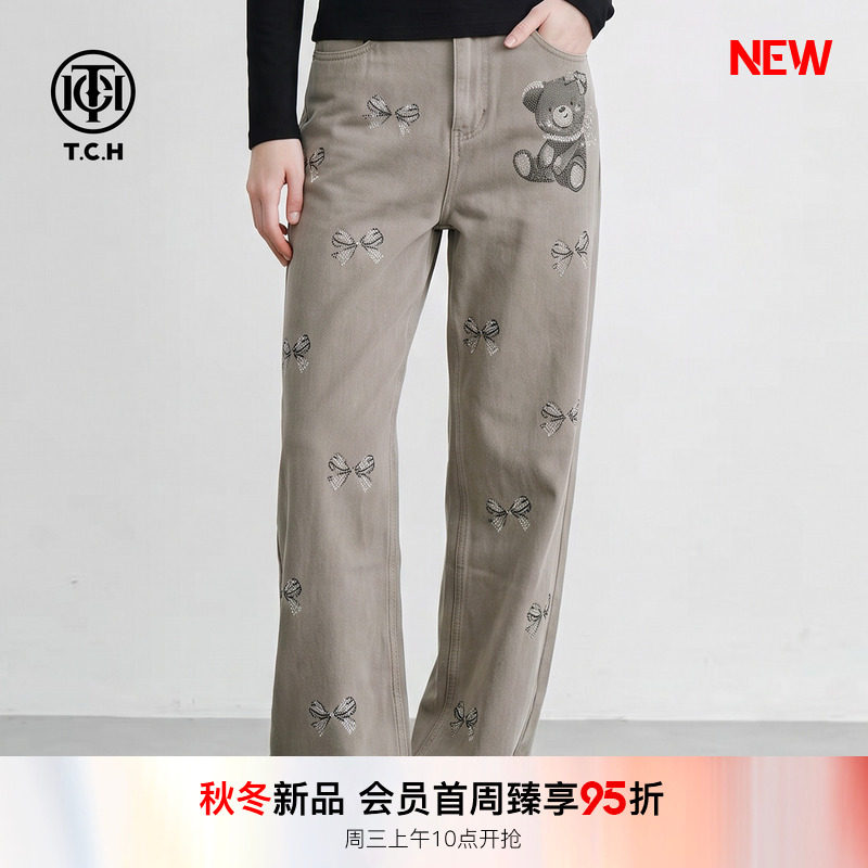 TCH2026秋冬新款蝴蝶结烫钻宽松牛仔裤女做旧高腰显瘦百搭直筒裤