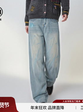 TCH高街慵懒重工流星烫钻阔腿裤高腰显瘦弯刀牛仔裤女T78A20E1001