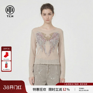 TCH26春款时尚翅膀烫钻米白色修身微透轻熟风打底衫女T78A02E1019