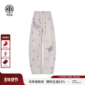 TCH私服烫钻亚麻薄款 T75B20E5089 女夏季 高腰弯刀裤 阔腿宽松休闲裤