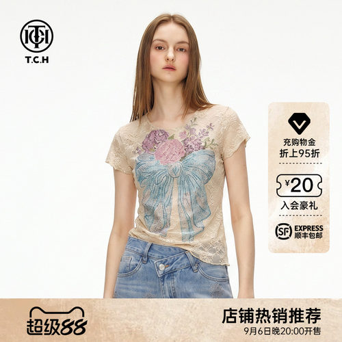 国风蝴蝶结花卉烫钻短袖T恤女
