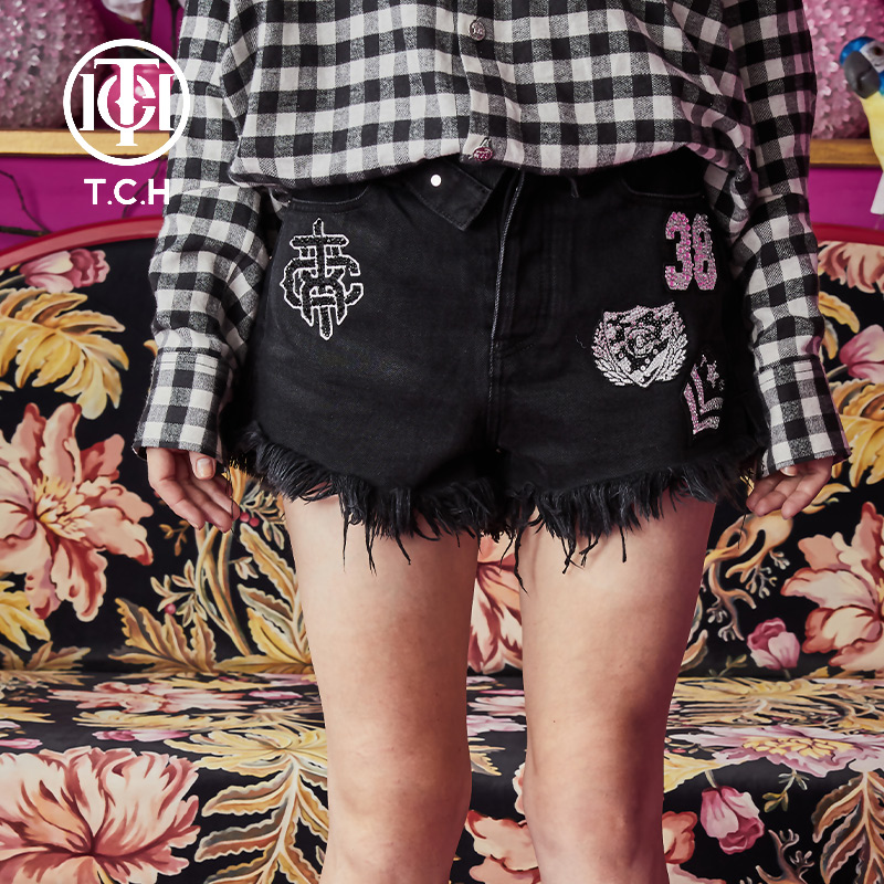 tch潮牌数字标牌烫钻牛仔短裤