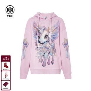 TCH轻奢重工独角兽烫钻粉色连帽卫衣女潮2025冬季 T75C12E9001 新款