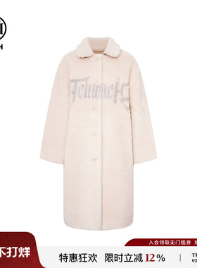 TCH2025冬季新款慵懒烫钻时尚翻领米色中长款毛毛外套T75D05E1013