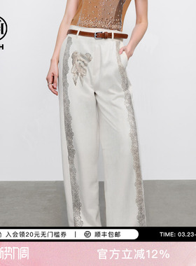 TCH烫钻时尚百搭小熊宽松阔腿休闲裤女2025夏季新款T75B20E5029