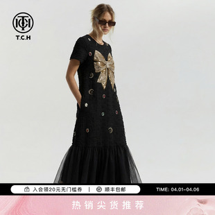 TCH烫钻蝴蝶结长款 压褶网纱拼接小黑裙T78A30E1087 连衣裙女夏短袖