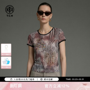 新款 T恤女2026春夏季 T78A10E1023 撞色短袖 TCH烫钻蝴蝶结街头修身