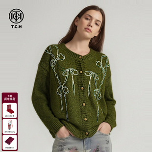 TCH秋冬款 女T75D43E1127 休闲慵懒风复古绿烫钻蝴蝶结宽松针织开衫
