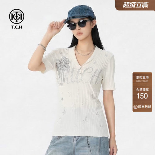 TCH烫钻翻领显瘦短袖针织上衣
