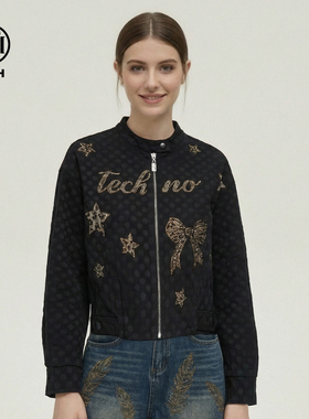 TCH酷飒风满印烫钻豹纹宽松时髦百搭棒球服夹克外套女T78A27E1016