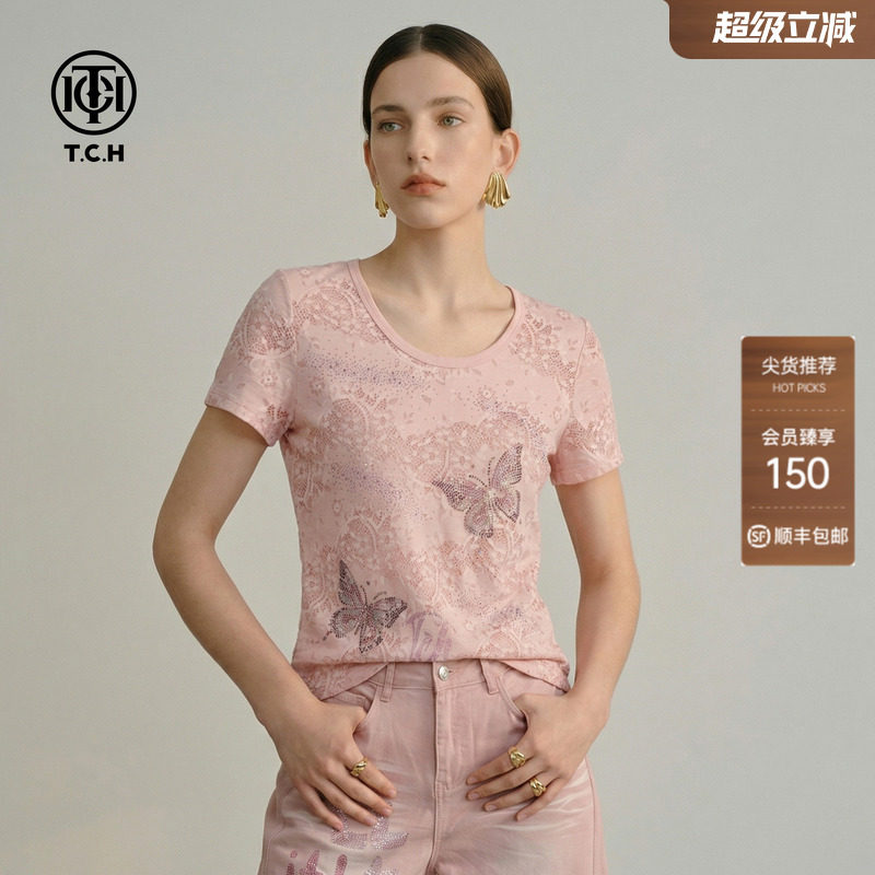 TCH蕾丝花纹温柔粉色短袖T恤女2026夏季新款蝴蝶烫钻修身圆领上衣
