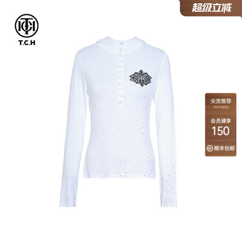 TCH轻奢满天星烫钻时尚修身显瘦白色连帽长袖打底衫女T75C02E9001
