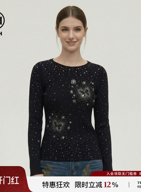 TCH气质温柔风修身显瘦烫钻蝶晕黑色圆领针织衫上衣女T78A09E1150