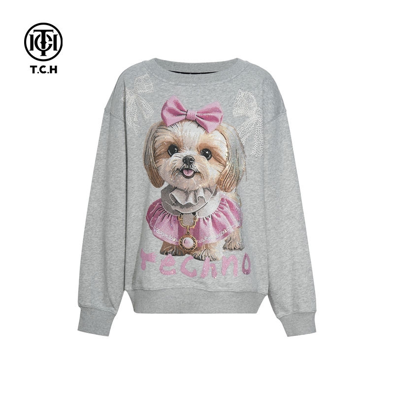 TCH轻奢可爱小狗烫钻早秋休闲百搭宽松圆领灰色卫衣女T75C11E9022
