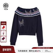 TCH私服烫钻时尚 休闲设计感毛针一字领宽松长袖 T恤女T75C08E1020