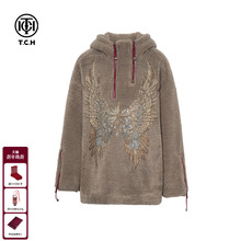 TCH25秋冬新款慵懒烫钻加厚半拉链连帽套头卫衣外套女T75D12E1002