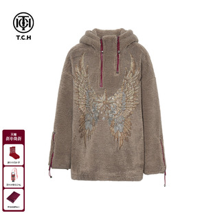 TCH25秋冬新款 慵懒烫钻加厚半拉链连帽套头卫衣外套女T75D12E1002