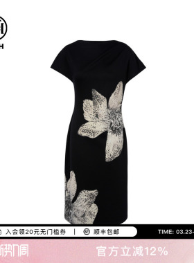 TCH轻奢潮牌高定花卉烫钻斜肩一字肩黑色收腰连衣裙女T75B30E1152