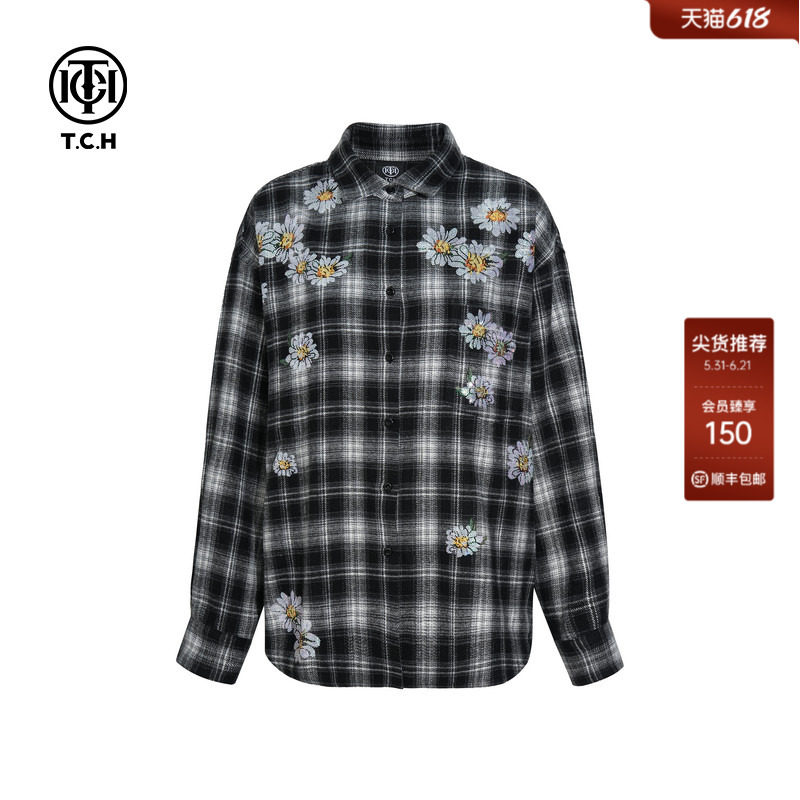 TCH烫钻2026春季新款时尚宽松百搭黑白格衬衫上衣女T75C13E9007