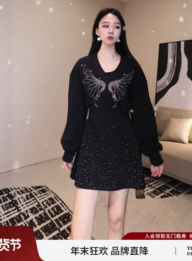 TCH高级感满天星烫钻小黑裙收腰显瘦连衣裙女秋冬新款T75D30E1032