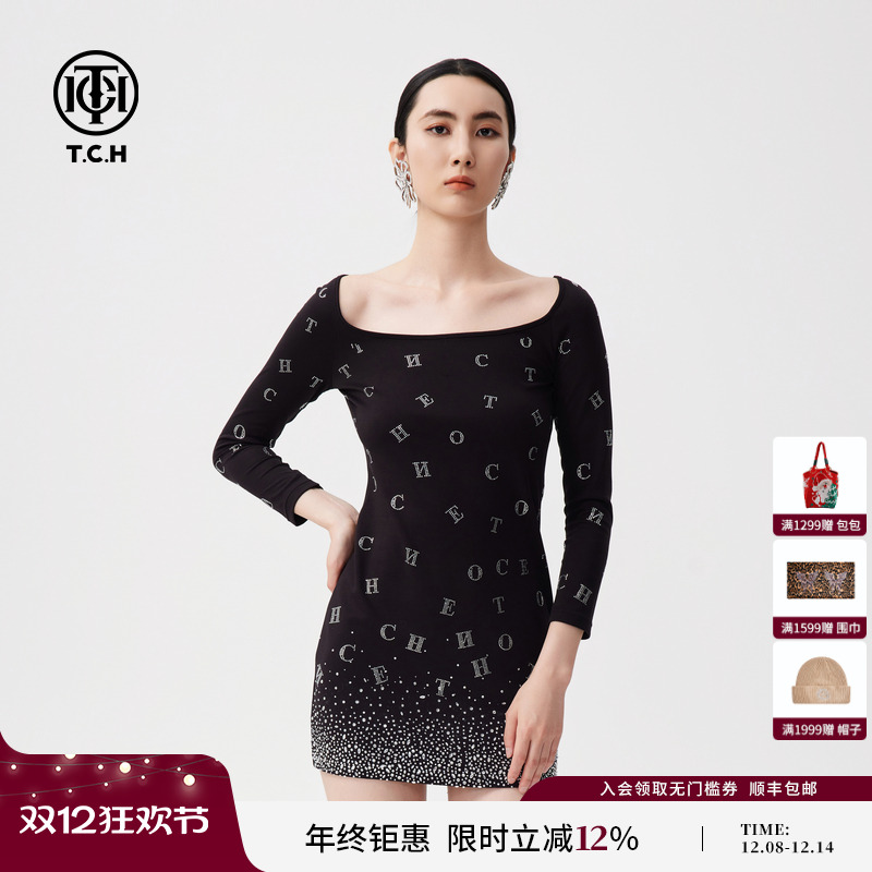 TCH2024秋季新款潮牌烫钻时尚收腰连衣裙女T72C306039