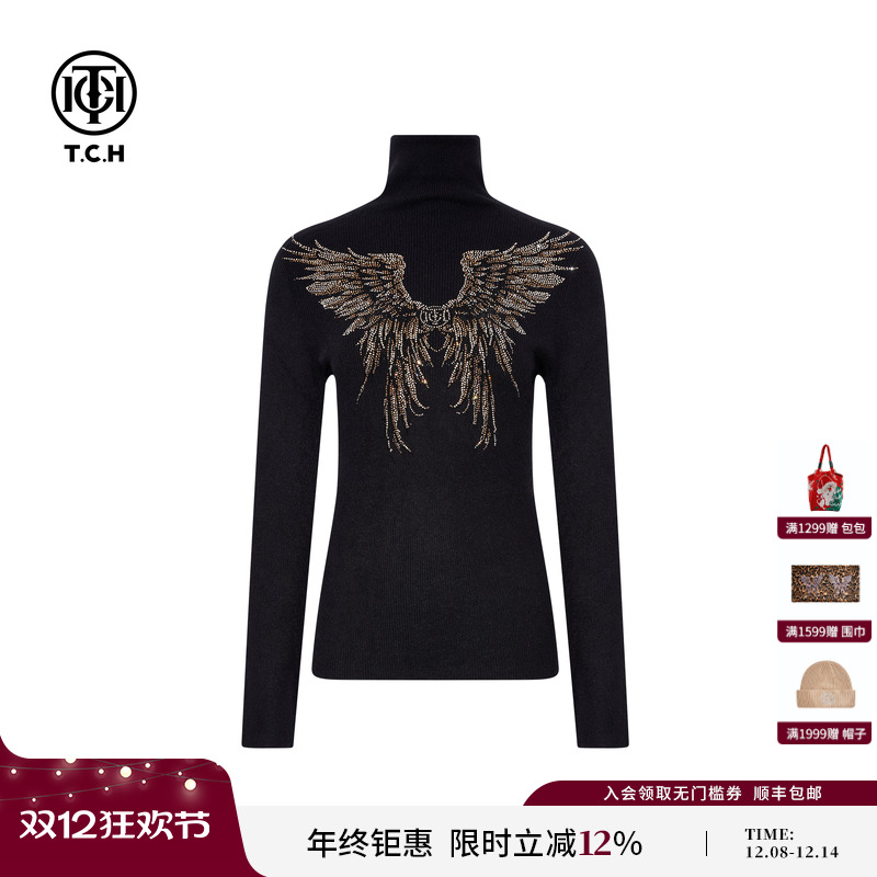 TCH25秋冬时尚烫钻黑色高领修身显瘦百搭打底针织衫女T75D09E1236