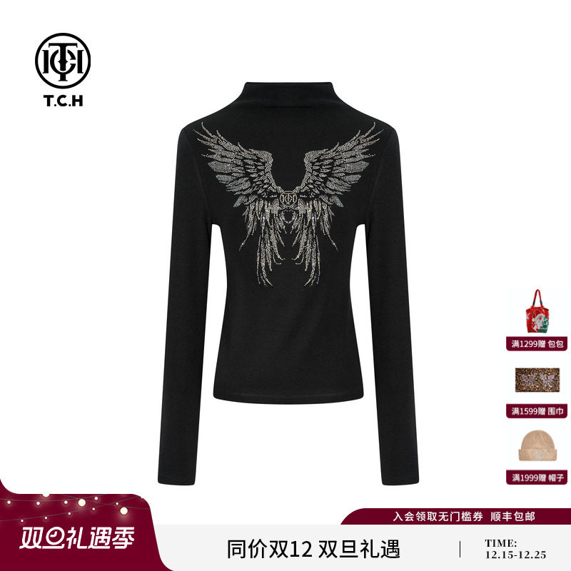 TCH私服翅膀烫钻时尚修身显瘦半高领黑色打底衫上衣女T75C02E1006