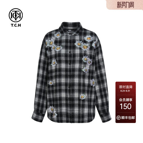 TCH烫钻2026早秋新款时尚宽松百搭黑白格衬衫上衣女T75C13E9007