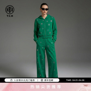 套装 女T78A07E1162 百搭潮牌烫钻绿色连帽卫衣外套休闲裤 TCH时尚