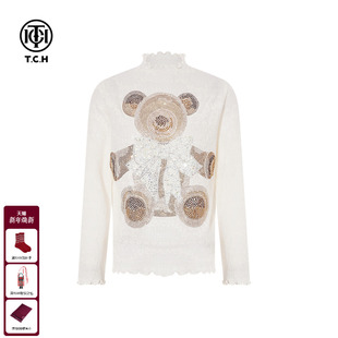 新款 女2025冬季 T75D09E1142 烫钻木耳边半高领打底针织衫 TCH时尚