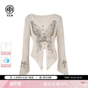 T75A09E5058 新款 TCH私服烫钻蝴蝶V领时髦不规则针织衫 女2025夏季