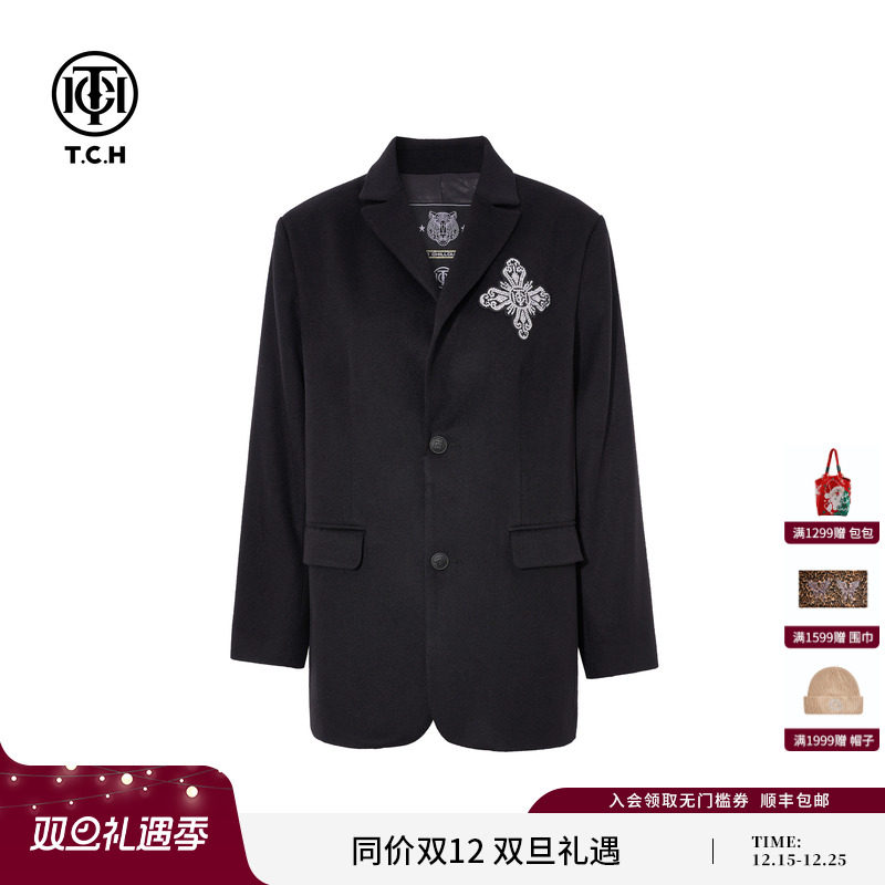 TCH轻奢暗黑系重工烫钻绵羊毛西装外套女2026春夏新款T78A046001