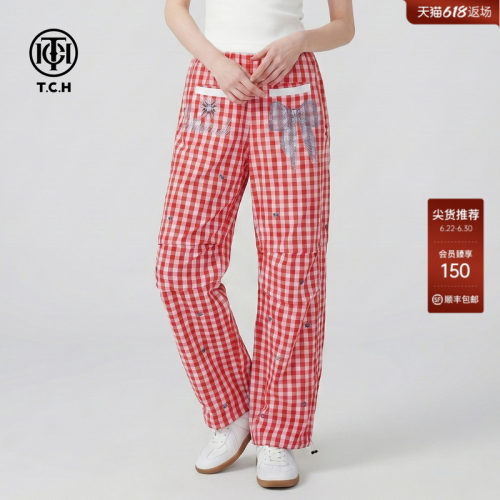 TCH烫钻薄款红色格子休闲长裤女
